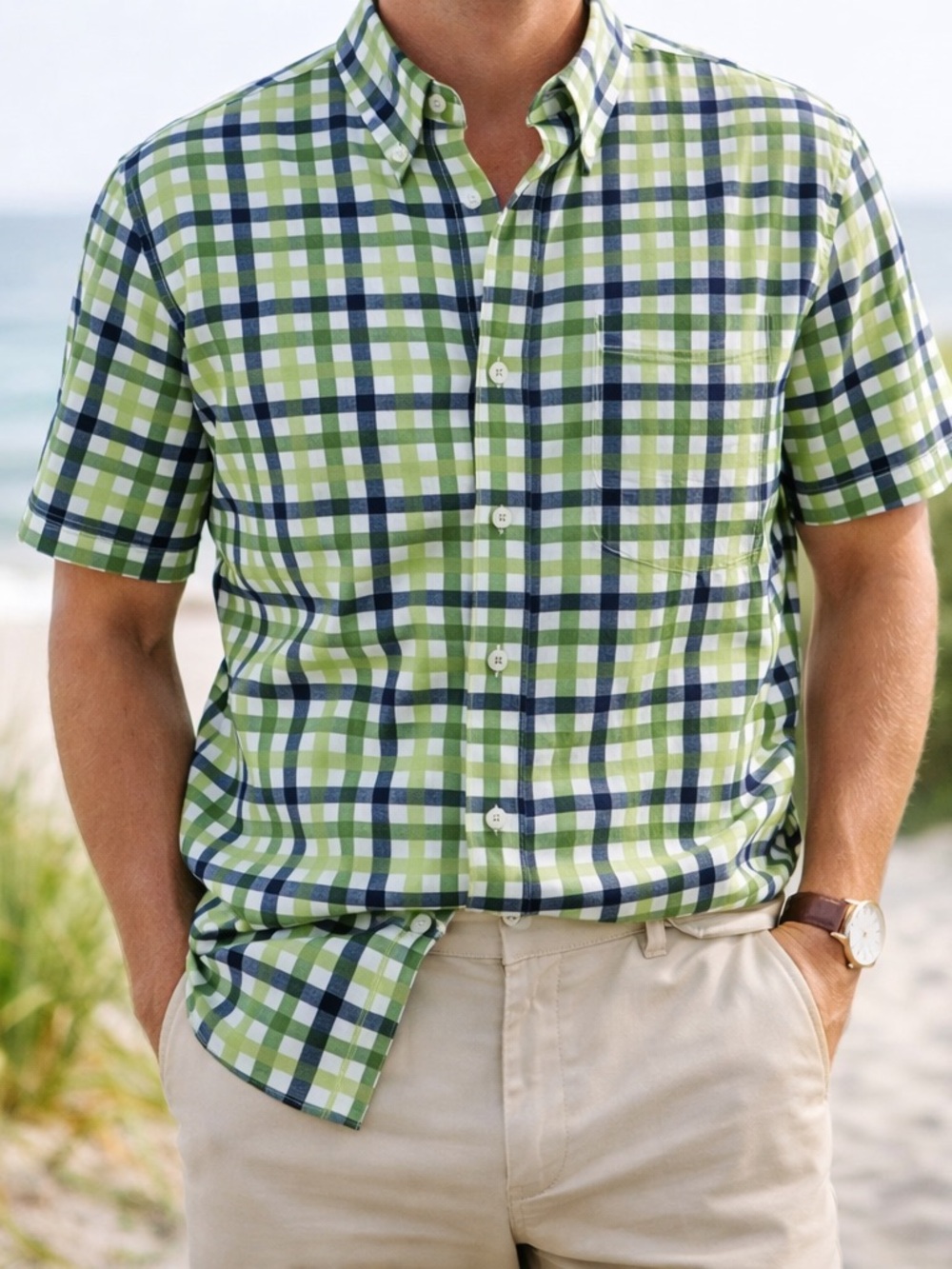 Michael Kors Green & Navy Plaid Short-Sleeve Button-Down Cotton Preppy Coastal